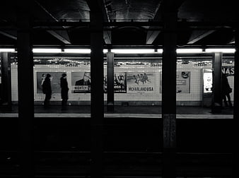 Black and white view of Nassau Street subway station platform