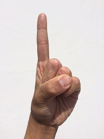 Hand pointing up index finger against white background