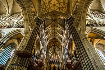 Gothic Cathedral Interior with Vaulted Ceilings and Stained Glass