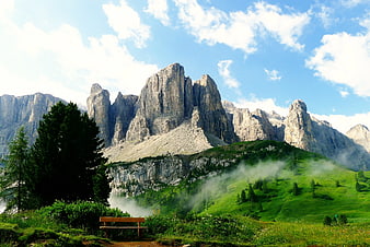 Majestic Dolomites Mountain Landscape with Wooden Bench
