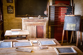 Vintage Classroom Interior with Antique Wooden Desks and Abacus
