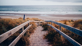 Wooden stairs leading to sandy beach with ocean view