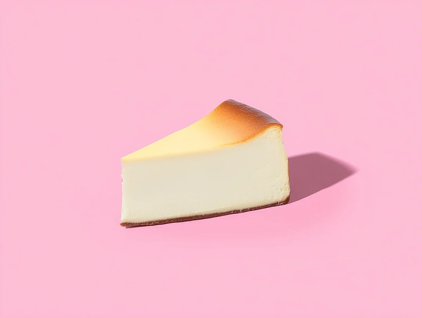 Slice of creamy cheesecake on pastel pink background