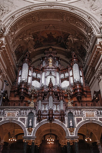 Grand Baroque Pipe Organ in Ornate Church Interior