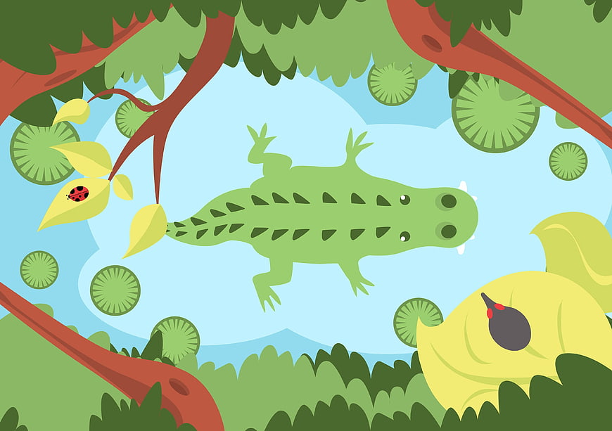 Cute cartoon alligator swimming in a jungle pond