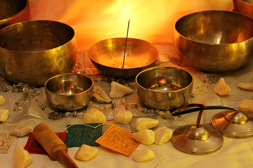 Tibetan Singing Bowls Meditation Setup with Crystals and Incense
