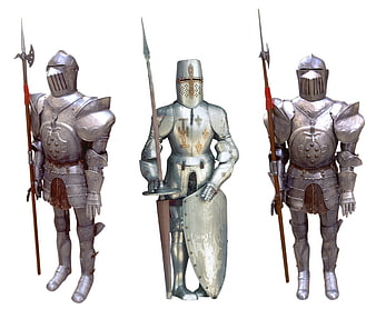 Three Suits of Medieval Knight Armor with Weapons on White Background