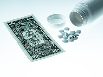One Dollar Bill And Spilled Medicine Pills On White Background