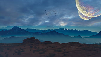 Fantasy Landscape with Giant Planets and Flying Birds