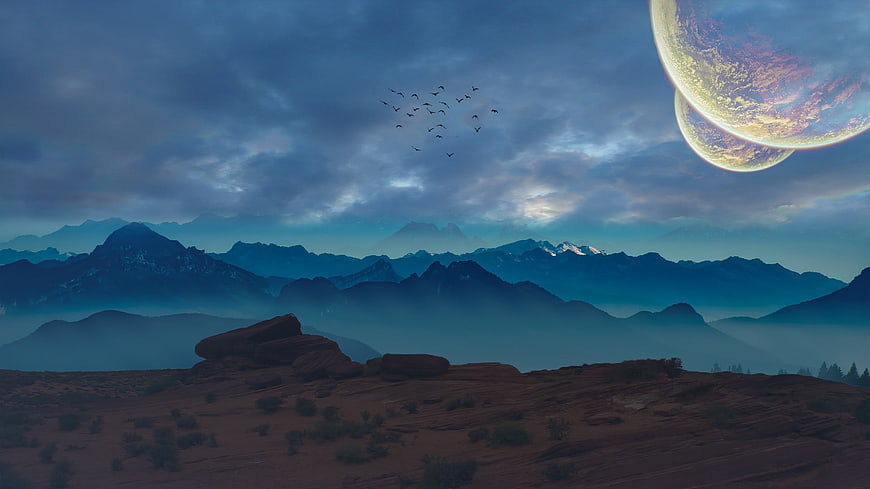 Fantasy Landscape with Giant Planets and Flying Birds
