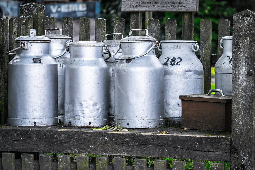 Vintage Aluminum Milk Cans on Rustic Wooden Farm Shelf