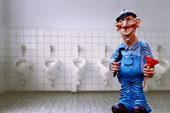 Plumber figurine with plunger in tiled bathroom
