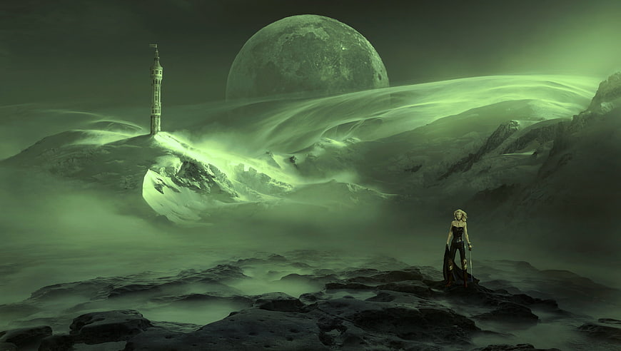 Fantasy woman standing on rocky cliff with glowing green moon and tower