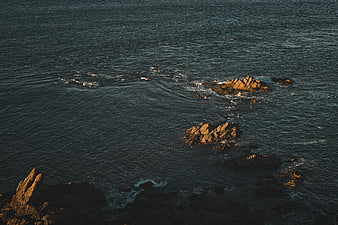 Aerial view of rocky coastline with golden hour sunlight