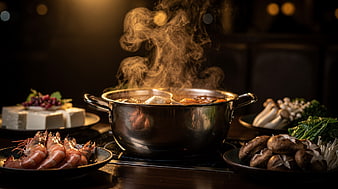 Steaming Hot Pot with Fresh Shrimp, Tofu, and Mushrooms