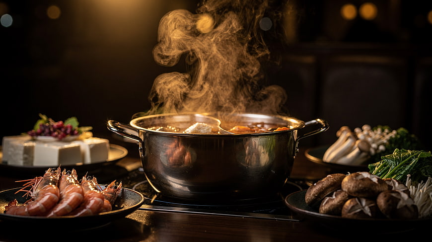 Steaming Hot Pot with Fresh Shrimp, Tofu, and Mushrooms