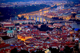 Aerial View of Prague Cityscape at Dusk with Vltava River