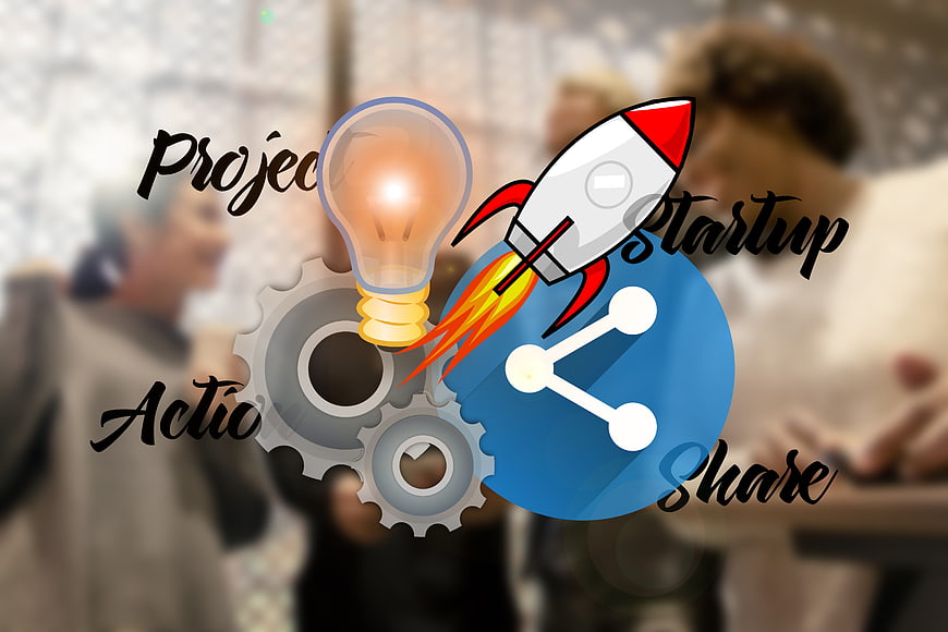 Business Startup Concept With Rocket, Lightbulb, Gears, And Share Icon