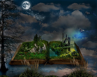 Fantasy landscape emerging from an open magical book