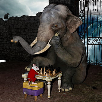 3D Elephant and Mouse Playing Chess in Fantasy Setting