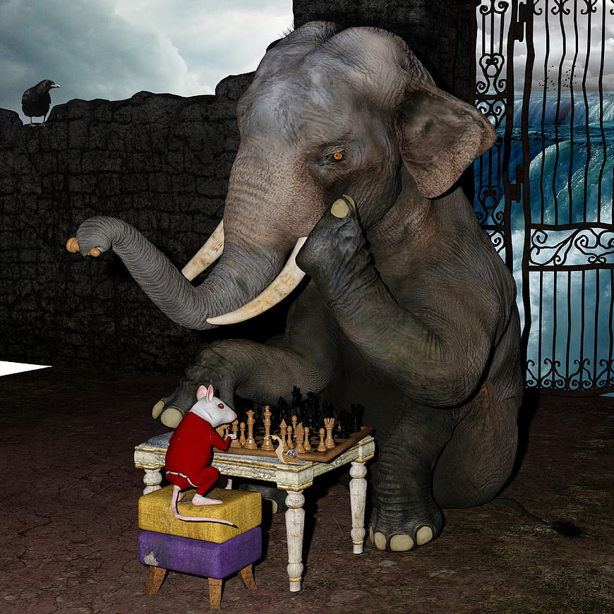 3D Elephant and Mouse Playing Chess in Fantasy Setting