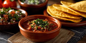 Fresh Salsa in Clay Bowl with Tortilla Chips