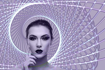 Woman with dark makeup in futuristic purple digital spiral tunnel