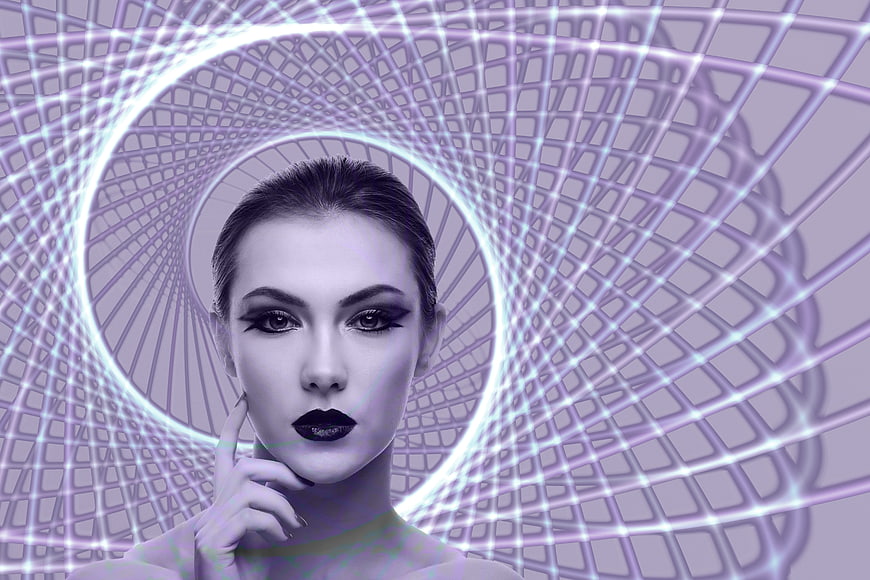 Woman with dark makeup in futuristic purple digital spiral tunnel