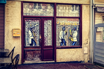 Vintage Jazz Pub Window with Saxophone Murals