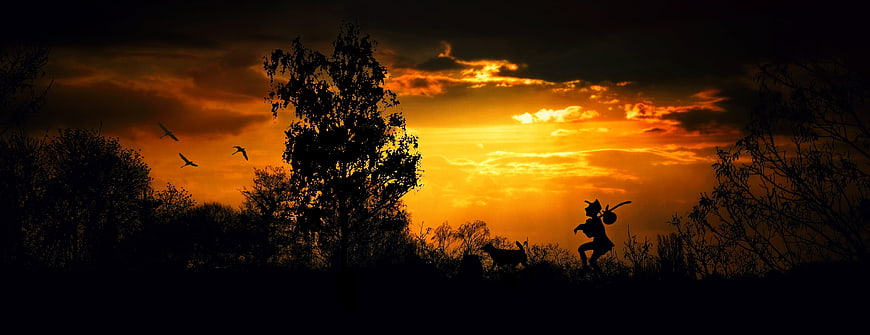 Silhouette of Hiker with Dog at Golden Sunset