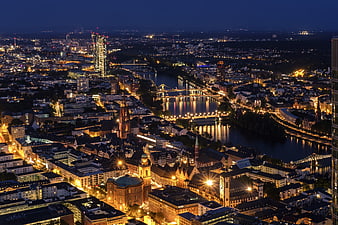 Aerial Night View of Frankfurt Cityscape with River Main and Illuminated Bridges