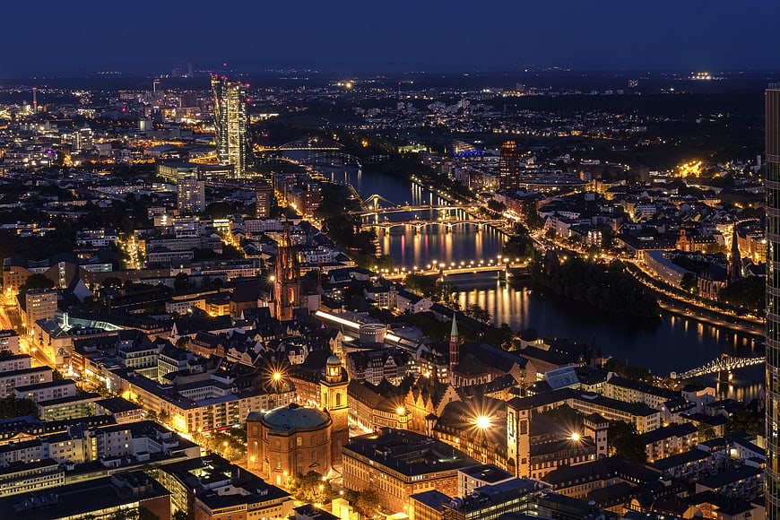 Aerial Night View of Frankfurt Cityscape with River Main and Illuminated Bridges