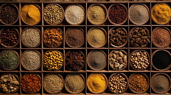 Top View of Assorted Spices in Wooden Compartments