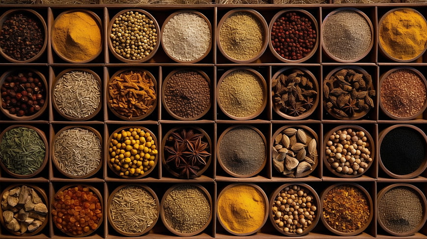 Top View of Assorted Spices in Wooden Compartments