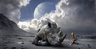 Fantasy digital art of a rhino and girl on alien landscape