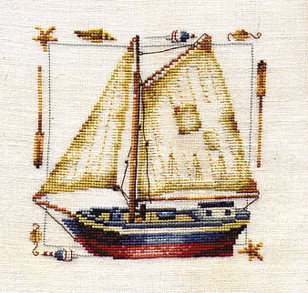 Cross-stitch embroidery of a vintage sailing ship on fabric