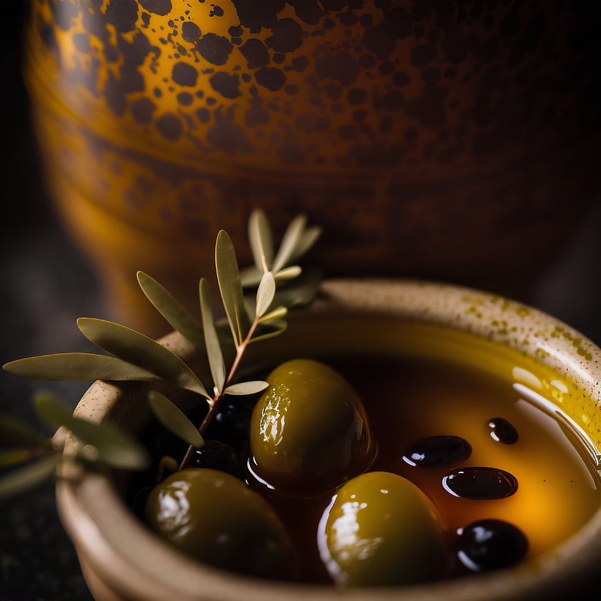 Close-up of green olives in olive oil with sprig