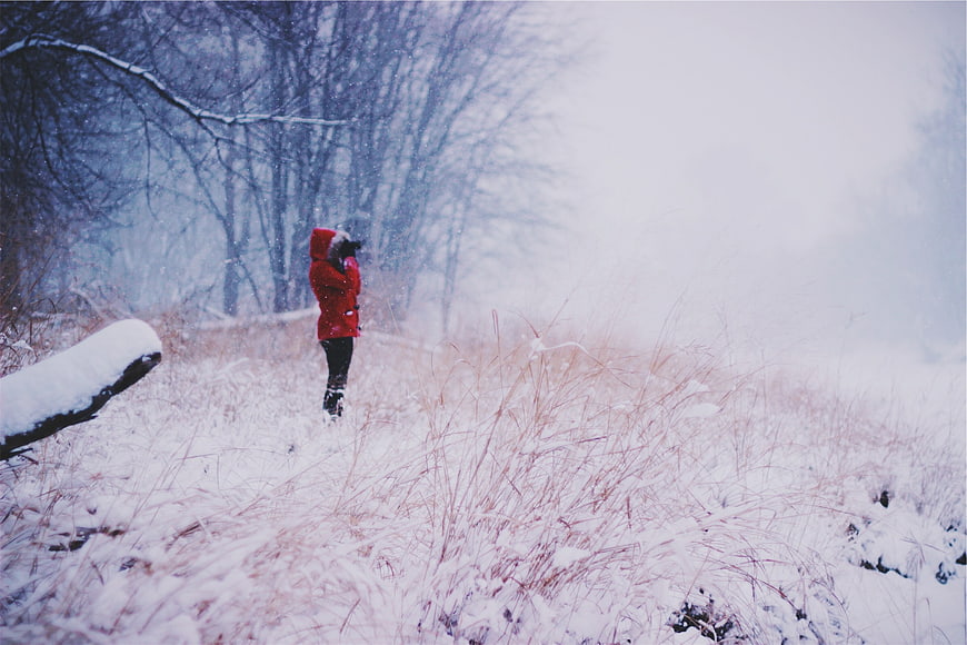 Woman in Red Jacket Standing in Snowy Winter Forest