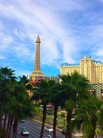 Paris Las Vegas Eiffel Tower Replica with Palm Trees