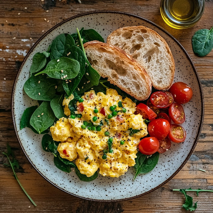 Overhead View of Scrambled Eggs with Spinach, Tomatoes, and Bread