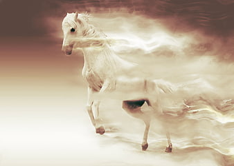 White horse running with ethereal smoke effect