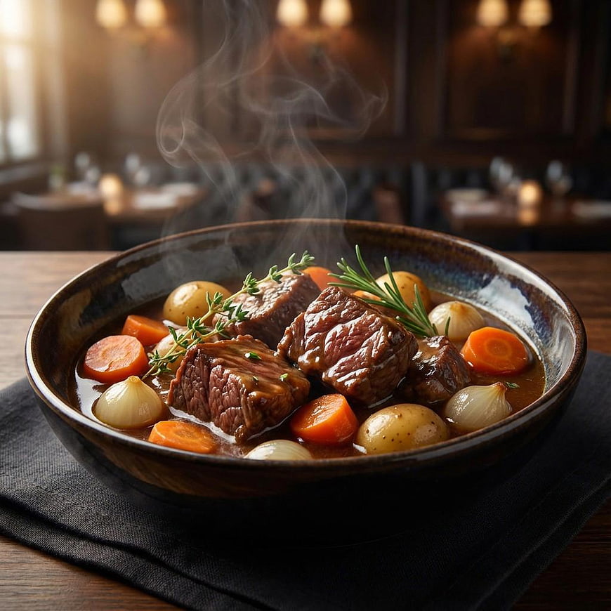 Steaming Bowl of Hearty Beef Stew with Vegetables