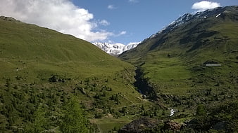 Panoramic Alpine Valley with Snow-Capped Peaks and Green Slopes