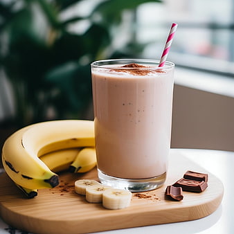 Banana Chocolate Milkshake with Straw on Wooden Board
