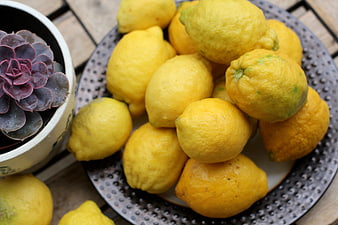 Fresh organic lemons on a rustic plate with succulent