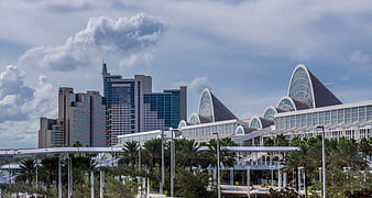 Orlando Florida Skyline With Convention Center And Palm Trees