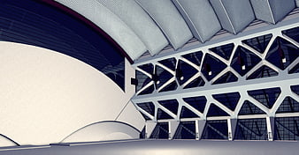 Modern Architectural Rendering of Geometric Glass Facade and Curved White Structure