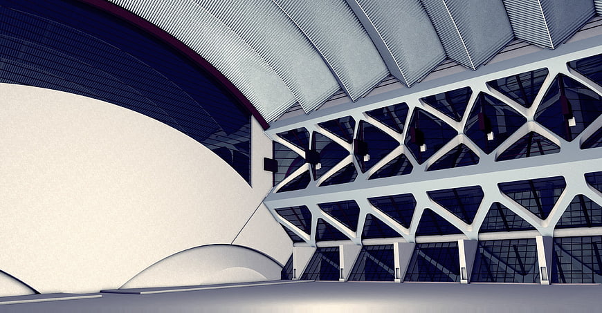 Modern Architectural Rendering of Geometric Glass Facade and Curved White Structure