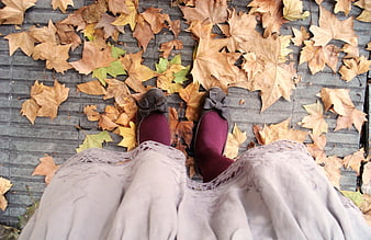 Autumn feet in burgundy shoes on fallen leaves