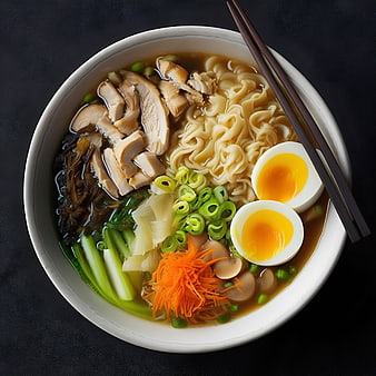 Top View of Japanese Ramen Bowl with Soft Boiled Eggs